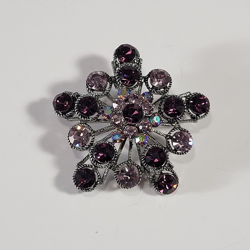 Purple Rhinestone Flower Brooch Pin Silver Tone Starburst AB Costume Jewelry